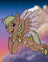 Size: 1020x1320 | Tagged: safe, artist:helicityponi, oc, oc only, oc:sylvia evergreen, pegasus, pony, braid, braided pigtails, cloud, female, flying, freckles, hair tie, looking at you, mare, one eye closed, open mouth, pegasus oc, pigtails, sky, solo, sunset, wings, wink