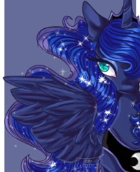 Size: 720x883 | Tagged: safe, artist:woizii, princess luna, alicorn, pony, g4, bust, ethereal mane, female, mare, peytral, solo, spread wings, starry mane, wings