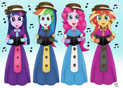 Size: 2736x1972 | Tagged: safe, artist:bageloftime, pinkie pie, rainbow dash, sunset shimmer, twilight sparkle, alicorn, human, equestria girls, g4, caroling, christmas, christmas 2022, clothes, dress, female, gown, group, holiday, humanized, long dress, long skirt, quartet, singing, skirt, twilight sparkle (alicorn)