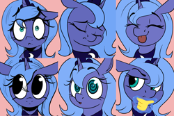 Size: 1500x1000 | Tagged: safe, artist:luxsimx, princess luna, alicorn, pony, g4, :p, cute, emoji, eyes closed, hand, magic, magic hands, pinpoint eyes, s1 luna, solo, swirly eyes, thinking, tongue out, 🤔