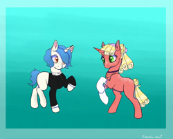 Size: 1280x1029 | Tagged: safe, artist:ladypastal, oc, oc only, oc:prince spirit, oc:rose kisses, pony, unicorn, bow, choker, clothes, colored ears, colored pupils, cozy glow's father, cozy glow's mother, cozy glow's parents, duo, duo male and female, female, frame, freckles, gradient background, hair bow, horn, male, mare, missing cutie mark, signature, socks, stallion, suit, unicorn oc