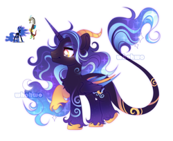 Size: 3400x2772 | Tagged: safe, artist:whohwo, discord, nightmare moon, oc, alicorn, draconequus, pony, g4, female, fusion, fusion:discord, fusion:nightmare moon, high res, male, mare, simple background, smiling, stallion, unshorn fetlocks, white background