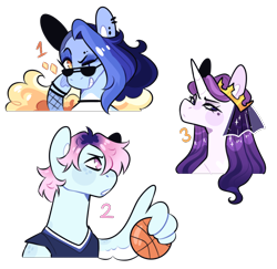 Size: 972x946 | Tagged: safe, artist:jaysey, oc, oc only, pegasus, pony, unicorn, basketball, clothes, crown, jersey, jewelry, magical lesbian spawn, offspring, parent:prince blueblood, parent:rainbow dash, parent:sapphire shores, parent:twilight sparkle, parents:twiblood, regalia, simple background, sports, sunglasses, transparent background, trio, veil, wing hands, wings