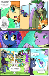 Size: 1280x1949 | Tagged: safe, artist:candyclumsy, spike, oc, oc:dahlia pentacle, oc:duke pentacle, oc:nova sapphire, earth pony, pony, unicorn, comic:revolution of harmony, g4, broken horn, drake, drink, duke, earth pony oc, female, horn, male, mare, older, older spike, royal guard, stallion, unicorn oc