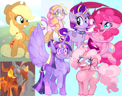 Size: 3091x2436 | Tagged: safe, artist:beebee, applejack, pinkie pie, pinkie pie (g3), starlight glimmer, twilight sparkle, alicorn, earth pony, gem (race), pony, g3, g4, spoiler:steven universe, spoiler:steven universe: the movie, advertisement, commission info, commissions open, crossover, example, fanart, female, gem, grin, high res, mare, open mouth, open smile, raised hoof, redesign, sitting, smiling, spinel, spinel (steven universe), spoilers for another series, spread wings, steven universe, steven universe: the movie, twilight sparkle (alicorn), wings