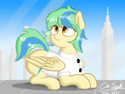 Size: 4000x3000 | Tagged: safe, artist:cdrspark, oc, oc only, oc:hcl, pegasus, pony, city, cityscape, clothes, female, glass, lying down, pegasus oc, prone, shirt, solo