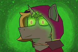 Size: 3000x2000 | Tagged: safe, artist:bosscakes, oc, oc:skivvy, pony, unicorn, glowing, glowing eyes, green background, green eyes, high res, hood, necromancer, simple background, solo