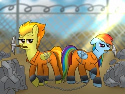 Size: 3200x2400 | Tagged: safe, artist:_cobalttuelatte, rainbow dash, spitfire, pegasus, pony, g4, chains, clothes, commission, commissioner:rainbowdash69, duo, fence, high res, jumpsuit, never doubt rainbowdash69's involvement, pickaxe, prison outfit, prisoner, prisoner rd, rock