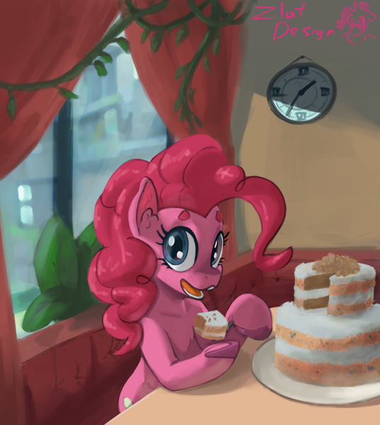 Size: 3644x4081 | Tagged: safe, artist:zlatdesign, pinkie pie, earth pony, pony, cake, cake slice, chest fluff, clock, curtains, ear fluff, eating, eyelashes, featured image, female, food, frosting, happy, happy face, hooves, looking at you, mare, open mouth, plant, restaurant, sitting, solo, table, tasty, window