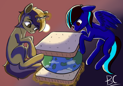 Size: 996x697 | Tagged: safe, artist:bosscakes, oc, oc:skivvy, pegasus, pony, unicorn, bread, earth, food, glowing, glowing horn, horn, meme, planet, sandwich