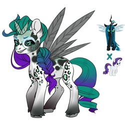 Size: 1180x1180 | Tagged: safe, artist:crumbelinadicarmello, queen chrysalis, rarity, changeling, changeling queen, pony, g4, avatar maker fantasy pony, black sclera, braid, coat markings, dappled, evil, evil smile, female, fusion, green mane, grin, horn, markings, multicolored mane, multiple horns, purple mane, simple background, smiling, solo, spots, transparent background, unshorn fetlocks, wings