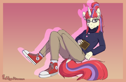 Size: 2000x1304 | Tagged: safe, artist:punk-pegasus, moondancer, unicorn, anthro, g4, book, clothes, converse, crossed legs, dock, eyebrows, female, glasses, gradient background, looking at you, lying down, on back, pants, shoes, signature, smiling, smiling at you, solo, sweater, tail