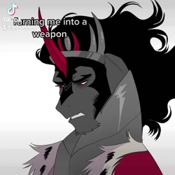 Size: 576x576 | Tagged: dead source, safe, artist:ghoulhowls, king sombra, pony, unicorn, g4, animated at source, cape, chin fluff, clothes, dialogue, male, red eyes, simple background, solo, text, tiktok, white background