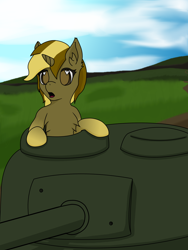 Size: 3096x4128 | Tagged: safe, artist:dustoff, oc, oc:skivvy, pony, unicorn, heart, heart eyes, open mouth, sherman (tank), sherman firefly, solo, tank (vehicle), wingding eyes