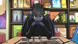 Size: 3840x2160 | Tagged: safe, artist:apocheck13, oc, oc:dusky rose, bat pony, anthro, bat pony oc, clothes, female, gendo pose, heterochromia, high res, jacket, leather, leather jacket, miniature, solo, tabletop game