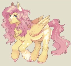 Size: 1902x1770 | Tagged: dead source, safe, artist:ghoulhowls, fluttershy, pegasus, pony, g4, beige background, blaze (coat marking), braid, chest fluff, coat markings, colored ears, colored hooves, dappled, ear fluff, facial markings, female, fluffy, folded wings, looking at you, mare, simple background, solo, three quarter view, unshorn fetlocks, wings