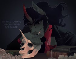 Size: 2048x1617 | Tagged: dead source, safe, artist:ghoulhowls, king sombra, pony, unicorn, anthro, g4, alcohol, book, dialogue, flower, glass, implied cannibalism, looking at you, rose, simple background, skull, smiling, smiling at you, text, wine, wine glass