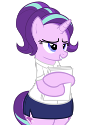 Size: 4500x6496 | Tagged: safe, artist:mrvector, starlight glimmer, pony, unicorn, g4, absurd resolution, alternate hairstyle, bedroom eyes, bipedal, clothes, cute, female, glimmer glutes, glimmerbetes, lidded eyes, mare, miniskirt, paper, simple background, skirt, smiling, solo, suit, the ass was fat, transparent background, wide hips