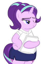 Size: 4500x6496 | Tagged: safe, artist:mrvector, starlight glimmer, pony, unicorn, g4, absurd resolution, alternate hairstyle, bedroom eyes, clothes, cute, female, glimmer glutes, glimmerbetes, legs together, lidded eyes, mare, miniskirt, one eye closed, paper, simple background, skirt, smiling, solo, suit, the ass was fat, transparent background, wide hips, wink