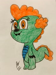 Size: 3024x4032 | Tagged: safe, artist:jesslmc16, oc, oc:emziko, dragon, baby, baby dragon, bipedal, colored, colored pencil drawing, colored pupils, dragon oc, drawing, fangs, female, non-pony oc, simple background, smiling, solo, spikes, standing, talons, traditional art