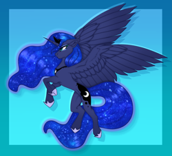 Size: 2799x2542 | Tagged: safe, artist:ouijaa, princess luna, alicorn, pony, abstract background, beautiful, cel shading, colored, concave belly, crown, ethereal mane, ethereal tail, floppy ears, galaxy mane, galaxy tail, high res, hoof shoes, jewelry, large wings, looking forward, looking up, no source available, peytral, princess shoes, raised hooves, rearing, regalia, shading, side view, slim, solo, spread wings, starry mane, starry tail, tail, thin, wing fluff, wings