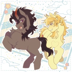 Size: 2000x2000 | Tagged: dead source, safe, artist:ghoulhowls, braeburn, king sombra, earth pony, pony, unicorn, g4, anime, anime eyes, blank flank, butt fluff, chest fluff, chibi, confetti, crack shipping, elbow fluff, facial hair, fangs, gay, grin, high res, leg fluff, looking at each other, looking at someone, male, open mouth, shipping, smiling, sombraeburn, stars