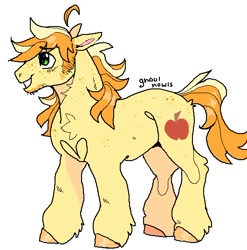 Size: 530x537 | Tagged: dead source, safe, artist:ghoulhowls, braeburn, earth pony, pony, g4, ahoge, body freckles, ears back, facial hair, freckles, male, missing accessory, sideburns, simple background, sketch, smiling, solo, stallion, standing, white background