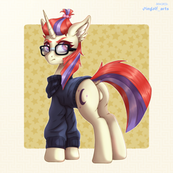 Size: 3000x3000 | Tagged: safe, artist:ingolf arts, moondancer, pony, unicorn, g4, the cutie re-mark, butt, clothes, cute, dancerbetes, dock, featureless crotch, female, glasses, high res, horn, looking at you, mare, plot, simple background, solo, stars, sweater, tail