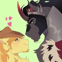 Size: 2000x2000 | Tagged: dead source, safe, artist:ghoulhowls, braeburn, king sombra, earth pony, pony, unicorn, g4, braeburn's hat, chest fluff, chin fluff, crack shipping, gay, green background, hat, heart, height difference, high res, jewelry, looking at each other, looking at someone, male, regalia, shipping, simple background, sombraeburn