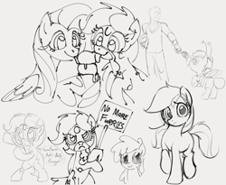 Size: 1914x1572 | Tagged: safe, artist:dotkwa, fluttershy, rainbowshine, oc, oc:anon, oc:deary dots, earth pony, pegasus, pony, g4, animal costume, bee costume, canon x oc, clothes, costume, eating, female, food, frown, gray background, grayscale, honey, hoof hold, ice cream, ice cream cone, lesbian, licking, looking at you, mare, monochrome, shipping, sign, simple background, sketch, sketch dump, tongue out