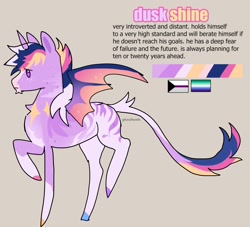 Size: 1944x1768 | Tagged: dead source, safe, artist:ghoulhowls, twilight sparkle, pony, g4, bat wings, colored hooves, demisexual pride flag, dusk shine, gay pride flag, kinsona, long tail, pride, pride flag, reference sheet, rule 63, simple background, sketch, solo, tail, text, wings