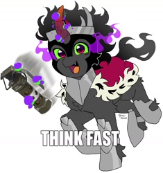Size: 1542x1638 | Tagged: safe, artist:ghoulhowls, king sombra, pony, unicorn, g4, armor, cape, caption, clothes, dark magic, flashbang, grenade, image macro, impact font, jewelry, magic, male, meme, regalia, simple background, solo, sombra eyes, text, think fast, white background