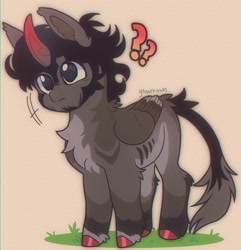 Size: 1596x1658 | Tagged: dead source, safe, artist:ghoulhowls, oc, oc:somber(ghoulhowls), alicorn, pony, alicorn oc, chest fluff, chibi, colored hooves, colored horn, curved horn, ear fluff, grass, head tilt, horn, kinsona, leonine tail, long tail, male, patterned background, question mark, solo, sombra horn, tail, wings