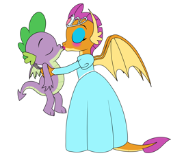 Size: 2357x2171 | Tagged: safe, artist:eagc7, smolder, spike, dragon, g4, clothes, dragoness, dress, eyes closed, eyeshadow, female, high res, jewelry, kiss on the lips, kissing, lipstick, magic, makeup, male, patreon, patreon reward, princess smolder, puffy sleeves, ship:spolder, shipping, simple background, size difference, straight, tiara, white background