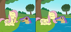 Size: 5609x2533 | Tagged: safe, artist:eagc7, fluttershy, dinosaur, pegasus, pony, g4, comic, crossover, heart, kissing, mo, ophthalmosaurus, patreon, patreon reward, the land before time, the land before time 9: journey to big water, tree, water