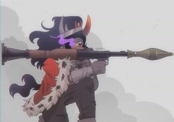 Size: 2048x1430 | Tagged: dead source, safe, artist:ghoulhowls, king sombra, anthro, g4, anime eyes, armor, cape, clothes, jewelry, male, pants, regalia, rpg, rpg-7, simple background, smoke, solo, sombra eyes, weapon
