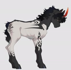 Size: 2048x2023 | Tagged: dead source, safe, artist:ghoulhowls, oc, oc only, oc:vadim(ghoulhowls), pony, unicorn, colored horn, curved horn, high res, horn, looking down, male, parent:king sombra, patterned coat, sad, solo, sombra horn, unicorn oc