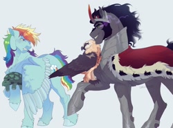 Size: 2048x1514 | Tagged: dead source, safe, artist:ghoulhowls, king sombra, rainbow dash, tank, bird, eagle, pegasus, pony, unicorn, g4, armor, cape, clothes, looking at each other, looking at someone, rainbow blitz, rule 63, simple background, smiling, sombra eyes, this will end in tears, uneasy