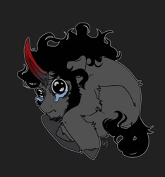 Size: 1194x1275 | Tagged: dead source, safe, artist:ghoulhowls, king sombra, pony, unicorn, g4, big eyes, crying, curled up, fetal position, gray background, horn, male, sad, simple background, solo, stallion, teary eyes