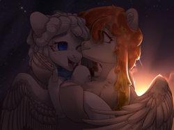 Size: 3340x2500 | Tagged: safe, artist:medkit, oc, oc only, goo, pegasus, pony, big eyes, clothes, cloud, couple, dreadlocks, dreads, duo, eyes open, female, freckles, goo hair, happy, high res, hug, love, open mouth, paint tool sai 2, partially open wings, scarf, sketch, sky, smiling, speedpaint, stars, sun, sunset, wings