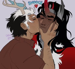 Size: 2048x1893 | Tagged: dead source, safe, artist:ghoulhowls, discord, king sombra, human, g4, cape, cheek kiss, cheek squish, clothes, coat, crack shipping, crown, dark skin, eyes closed, gay, heart, holding head, horn, horned humanization, humanized, jewelry, kissing, male, onomatopoeia, regalia, shipping, shirt, signature, simple background, smooch, sombracord, squishy cheeks, stupid sexy discord, stupid sexy sombra, sweater