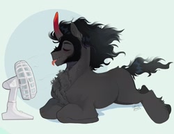 Size: 2048x1577 | Tagged: dead source, safe, artist:ghoulhowls, king sombra, pony, unicorn, g4, chest fluff, cute, eyes closed, fan, lying down, male, missing accessory, mlem, silly, solo, sombradorable, tongue out