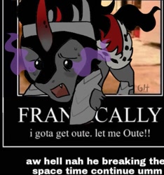 Size: 741x791 | Tagged: safe, artist:ghoulhowls, king sombra, pony, unicorn, g4, breaking the fourth wall, caption, chibi, edited meme, image macro, let me out, male, meme, ponified meme, solo, text
