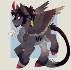 Size: 1623x1594 | Tagged: dead source, safe, artist:ghoulhowls, oc, oc only, oc:somber(ghoulhowls), alicorn, bird, budgie, pony, alicorn oc, chest fluff, colored hooves, colored horn, curved horn, cute, ear fluff, facial hair, goatee, horn, kinsona, leonine tail, long tail, not sombra, sideburns, simple background, sitting on person, sitting on pony, smiling, sombra horn, spread wings, tail, unshorn fetlocks, weapons-grade cute, wings