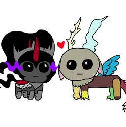 Size: 812x818 | Tagged: dead source, safe, artist:ghoulhowls, discord, king sombra, draconequus, pony, unicorn, g4, autism creature, chibi, cute, discute, duo, gay, heart, looking at each other, looking at someone, male, shipping, simple background, sketch, sombracord, sombradorable, stallion, white background