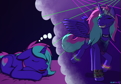 Size: 2300x1600 | Tagged: safe, artist:passionpanther, oc, oc only, oc:heartbeat, alicorn, pony, unicorn, alicornified, dancing, dream, eyes closed, female, glowstick, horn, mare, night, open mouth, party, race swap, rave, sleeping, solo, unicorn oc