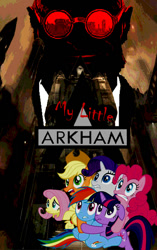 Size: 452x720 | Tagged: safe, artist:adhd365, applejack, fluttershy, pinkie pie, rainbow dash, rarity, twilight sparkle, earth pony, pegasus, pony, unicorn, fanfic:my little arkham, g4, arkham city, batman, crossover, dc comics, fanfic, fanfic art, fanfic cover, female, hug, hugo strange, mane six, mare, scared