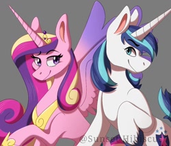 Size: 1030x876 | Tagged: safe, artist:jinxcherry, princess cadance, shining armor, alicorn, pony, unicorn, g4, colored wings, colored wingtips, concave belly, crown, duo, duo male and female, eyebrows, eyebrows visible through hair, female, gradient wings, gray background, hoof shoes, jewelry, looking at you, male, mare, peytral, regalia, ship:shiningcadance, shipping, signature, simple background, slender, smiling, smiling at you, spread wings, stallion, straight, thin, wings