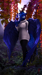 Size: 2160x3840 | Tagged: artist needed, safe, princess luna, alicorn, anthro, g4, 3d, clothes, female, flower, high res, rose, solo, source filmmaker, sweater, winged anthro, wings