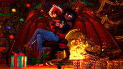 Size: 3840x2160 | Tagged: safe, oc, anthro, plantigrade anthro, 3d, christmas, christmas tree, couple, duo, fire, fireplace, high res, holiday, love, present, red nose, source filmmaker, tree